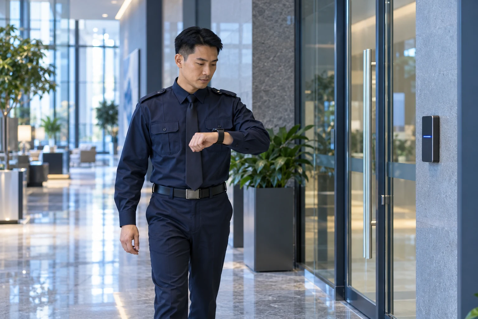 楼宇园区安保人员通过穿戴终端开展巡查的应用场景示意